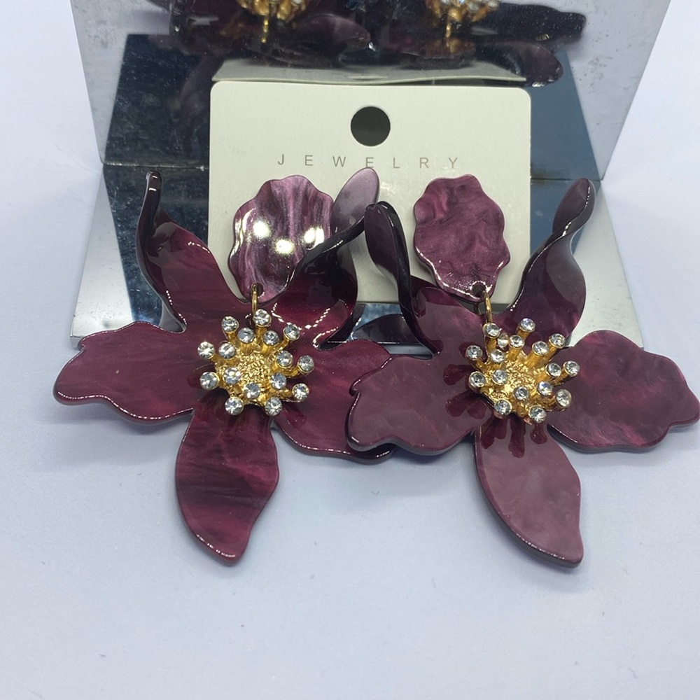 Dark purple, iridescent, gold floral earrings brand new